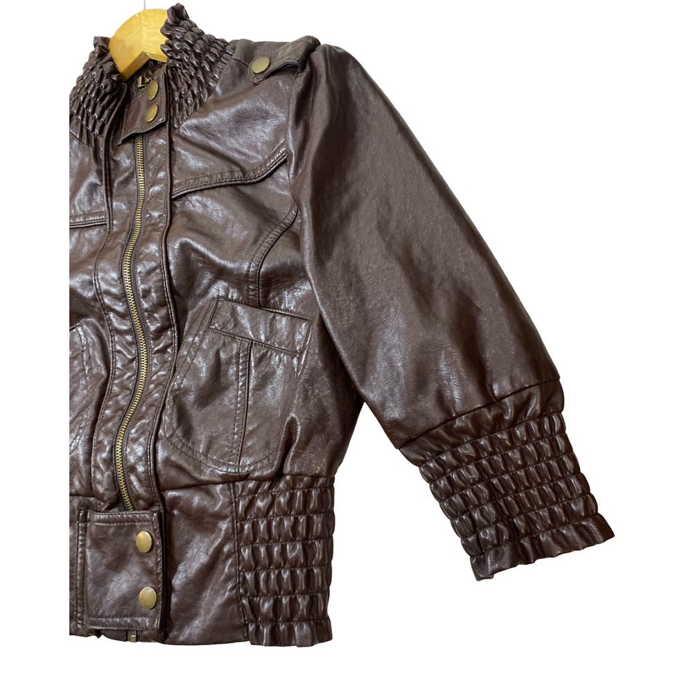 Therapy Brown Vegan Leather Smocked Bomber Jacket Womens Small Edgy Street  Moto - Picture 9 of 10